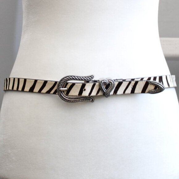 Chico's Accessories - Chico's Y2K Brown Zebra Print Silver Metal Brass Heart Buckle Belt Size Large